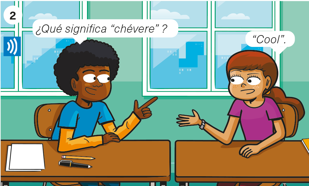 2 students in the classroom. Student A: <es>¿Qué significa “chévere? </es> Student B: Cool.