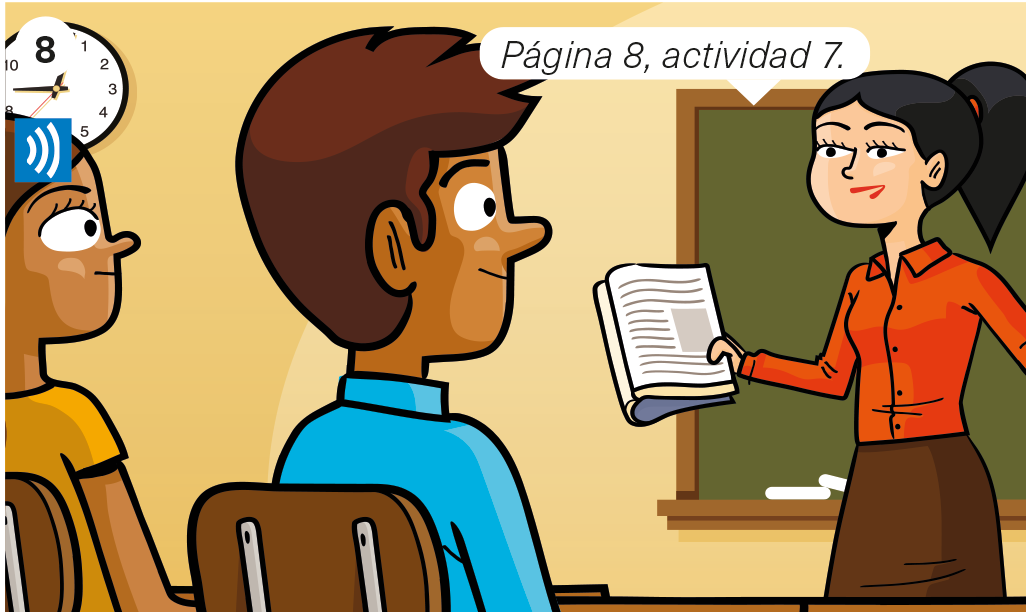 A teacher in a classroom saying: <es>Página 8, actividad 7</es>.