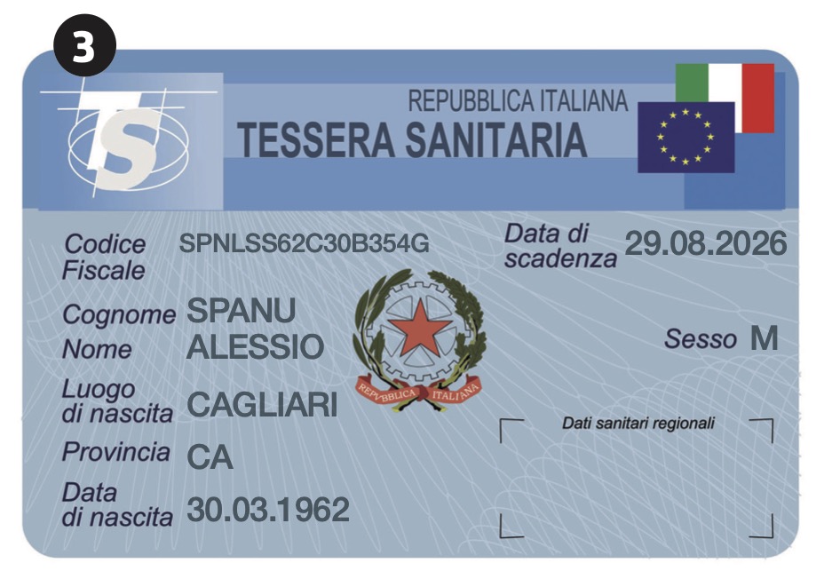 Three. <it>Tessera sanitaria Repubblica Italiana</it>. <it>Cognome: Spanu</it>, <it>Nome: Alessio</it>, <it>Luogo di nascita: Cagliari</it>, <it>Provincia: CA</it>, <it>Data di nascita</it>: 30.03.1962