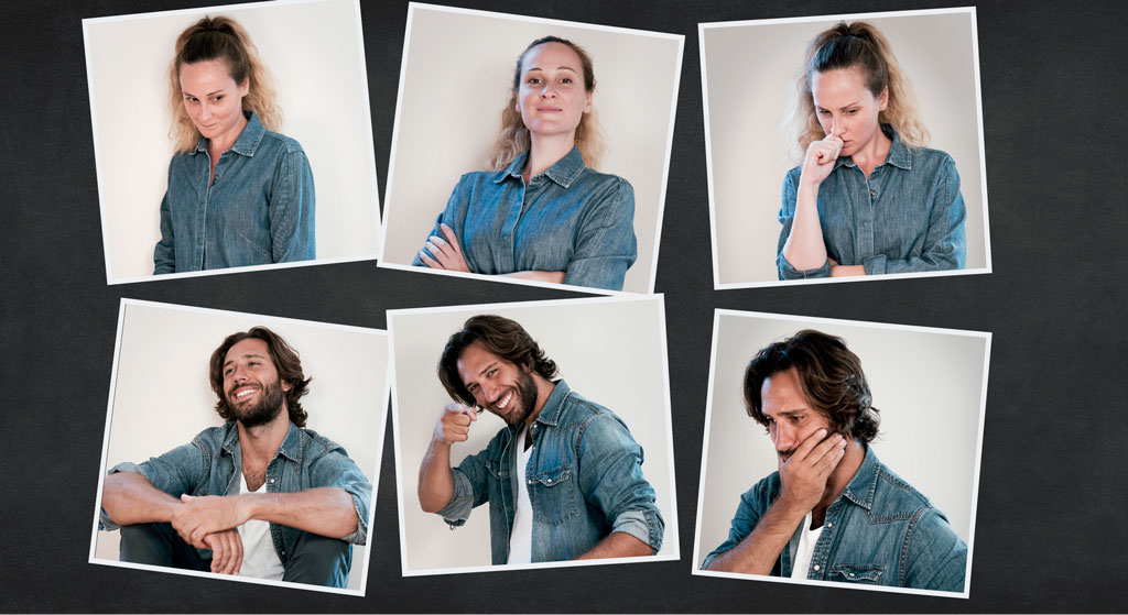 People with different facial expressions: embarrassment, contentment, nervousness, tranquility, joy, worry 