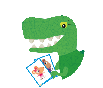 Dino holding flashcards