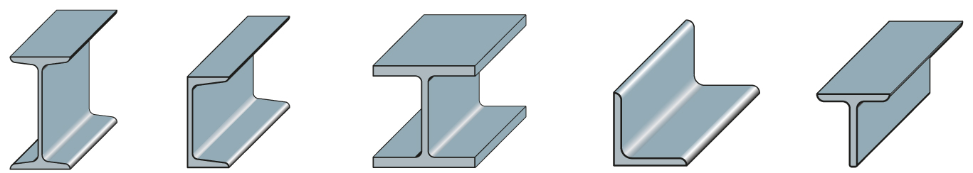 Fig.1.40  Perfils estructurals d’acer laminat en calent més usuals: perfil IPN o de doble T, perfil en U, perfil HEB, perfil angular i perfil en T